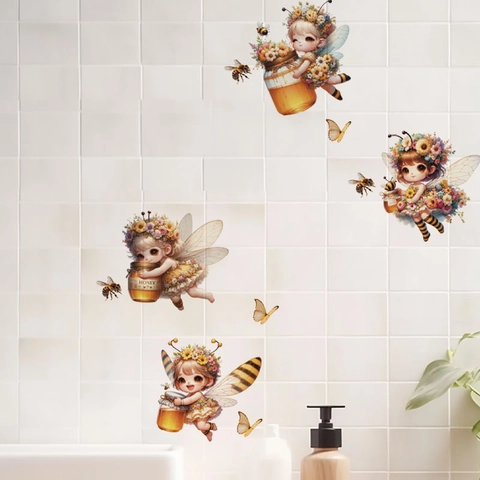 Pegatinas de Pared Hada Abeja PVC Autoadhesivas Dibujos Animados Con Abeja Miel Mariposa para Decoración Dormitorio Infantil