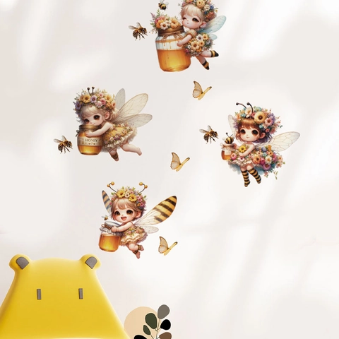Pegatinas de Pared Hada Abeja PVC Autoadhesivas Dibujos Animados Con Abeja Miel Mariposa para Decoración Dormitorio Infantil