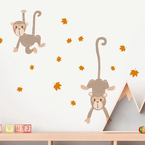 Adesivo da Parete Scimmia Cartone Animato Foglie di Acero Decalcomania in PVC Autoadesiva per Cameretta Bambini Casa