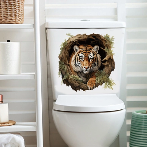3D Visueller Tiger Baumhöhle Toilettenaufkleber Abnehmbarer PVC Selbstklebender Badezimmer Deko Aufkleber Wandsticker