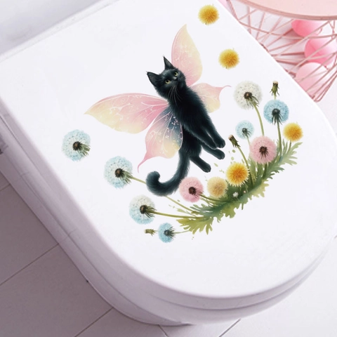 Cute Cartoon Black Cat Butterfly Flower Toilet Sticker Removable Waterproof PVC Bathroom Wall Decal For Toilet Lid Decor