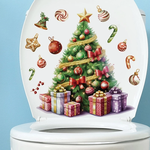 Christmas Tree Toilet Sticker PVC Removable Bathroom Decal Festival Wall Art For Home Holiday Party Decor