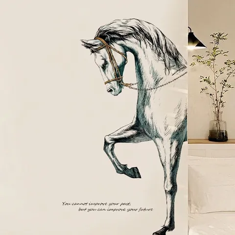 Sticker Mural Croquis de Cheval Citation Motivante PVC Auto-adhésif Décalcomanie Artistique Pour Salon Chambre Maison