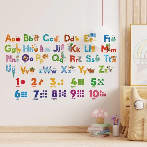 Alphabet Animals Numbers Wall Stickers For Kids Room Educational Early Learning PVC Self Adhesive Decals Classroom Decor
