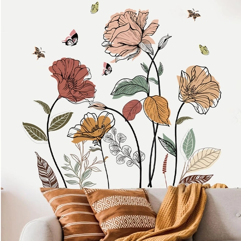 Bohemian Wildflower Wall Stickers PVC Hand Painted Floral Butterfly Background Mural Decal For Living Room Bedroom Decor