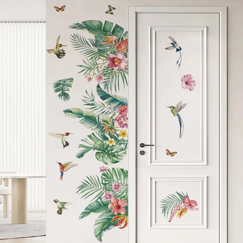 Tropische Bladeren Groene Planten Bloemen Vogels Muurstickers Waterdicht PVC Botanische Muurstickers Voor Woonkamer Decoratie
