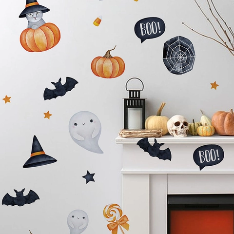 Aquarell Halloween Wandaufkleber Kürbis Geist Hexe Katze Fledermaus Aufkleber Für Wohnzimmer Schlafzimmer Party Deko