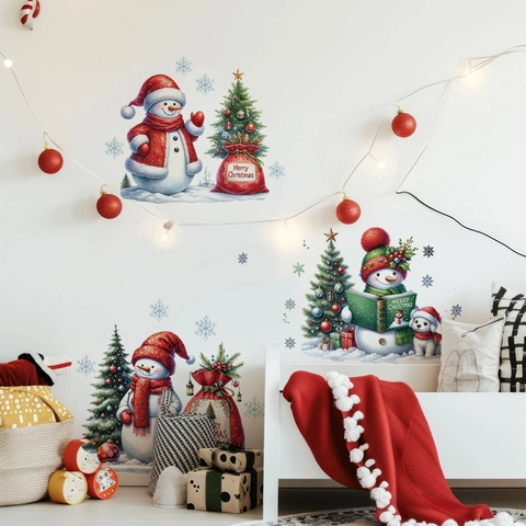 Sticker Mural de Noël Bonhomme de Neige Sapin de Noël Amovible en PVC Autocollant de Fenêtre Merry Christmas Déco de Fête Maison