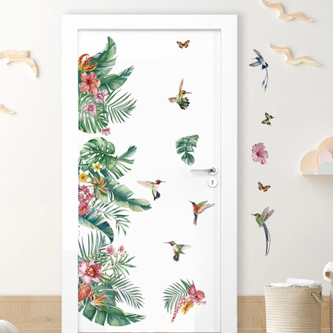 Tropische Bladeren Groene Planten Bloemen Vogels Muurstickers Waterdicht PVC Botanische Muurstickers Voor Woonkamer Decoratie