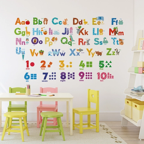 Alphabet Animals Numbers Wall Stickers For Kids Room Educational Early Learning PVC Self Adhesive Decals Classroom Decor
