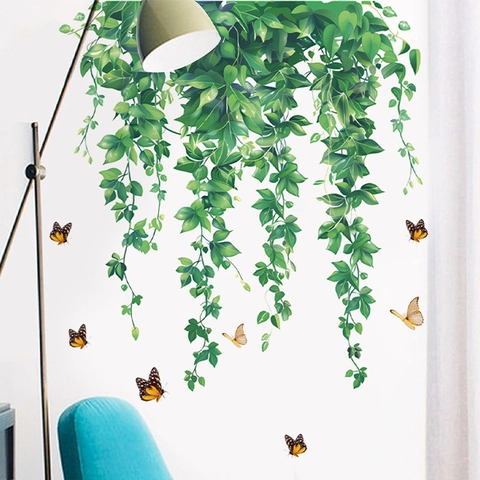 Pegatina de Pared de Vid de Planta Verde y Mariposa PVC Impermeable Removible Mural Para Sala de Estar Dormitorio Hogar