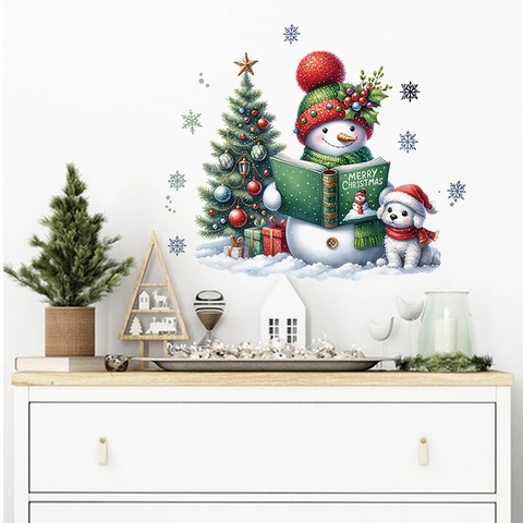 Sticker Mural de Noël Bonhomme de Neige Sapin de Noël Amovible en PVC Autocollant de Fenêtre Merry Christmas Déco de Fête Maison