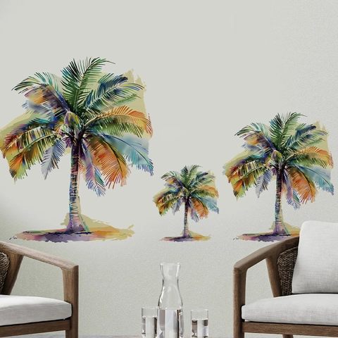Tropical Palm Tree Wall Stickers Watercolor Coconut Tree Decals Waterproof PVC Wall Decor For Living Room Bedroom Kitchen
