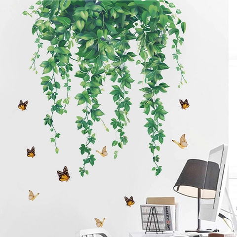Pegatina de Pared de Vid de Planta Verde y Mariposa PVC Impermeable Removible Mural Para Sala de Estar Dormitorio Hogar