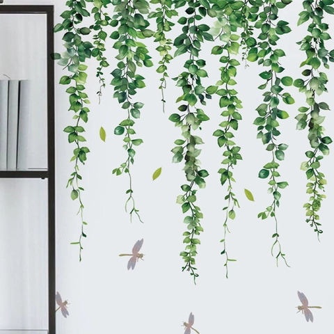 Groene Planten Ranken Muurstickers Met Libellen PVC Waterdicht Decoratieve Sticker Voor Woonkamer Slaapkamer Keuken Huis Decor