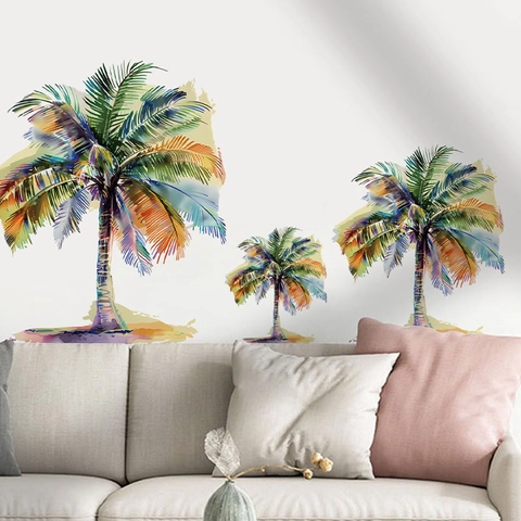 Tropical Palm Tree Wall Stickers Watercolor Coconut Tree Decals Waterproof PVC Wall Decor For Living Room Bedroom Kitchen