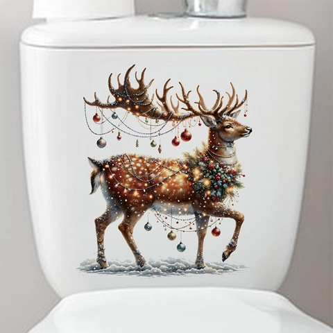 Kerst Rendier Toiletsticker Verwijderbaar Waterdicht PVC Badkamer Decal Feestelijk Goud Elv Wanddecoratie Voor Huis