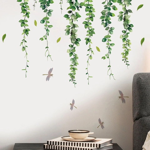 Groene Planten Ranken Muurstickers Met Libellen PVC Waterdicht Decoratieve Sticker Voor Woonkamer Slaapkamer Keuken Huis Decor