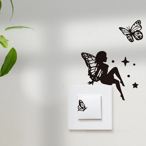 Stickers Commutateur Silhouette Fée Papillon Créatifs PVC Noir Auto-adhésif Amovible Décalcomanies Murales pour Maison