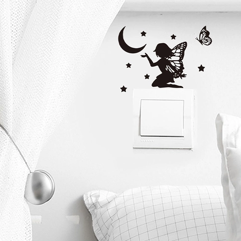 Stickers Commutateur Silhouette Fée Papillon Créatifs PVC Noir Auto-adhésif Amovible Décalcomanies Murales pour Maison