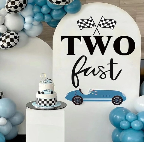Racing Car Theme Two Fast Wall Sticker PVC Black Checkered Flag Typography Decal For Second Birthday Party Boys Bedroom Decor