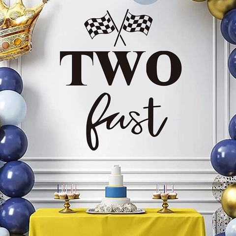 Racing Car Theme Two Fast Wall Sticker PVC Black Checkered Flag Typography Decal For Second Birthday Party Boys Bedroom Decor