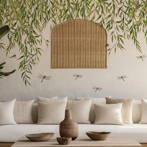 Grüne Bambusblätter Und Libellen Wandtattoo Abnehmbare PVC Selbstklebende Wandsticker Für Wohnzimmer Schlafzimmer Home Deko