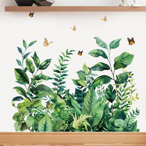 Adesivi Murali Pianta Verde Farfalla in PVC Impermeabile Autoadesivo Decalcomanie da Muro Decorazione Battiscopa per Soggiorno Camera da Letto