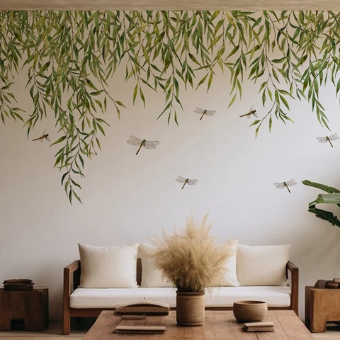 Grüne Bambusblätter Und Libellen Wandtattoo Abnehmbare PVC Selbstklebende Wandsticker Für Wohnzimmer Schlafzimmer Home Deko