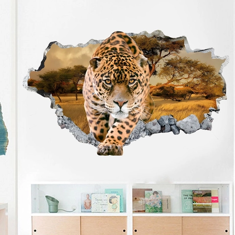 3D Gebrochene Wand Afrikanischer Leopard Wandaufkleber PVC Selbstklebend Abnehmbar Tier Savanne Landschaft Dekoration Für Wohnzimmer Schlafzimmer Home Decor