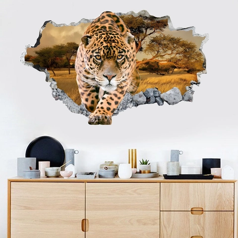 3D Gebrochene Wand Afrikanischer Leopard Wandaufkleber PVC Selbstklebend Abnehmbar Tier Savanne Landschaft Dekoration Für Wohnzimmer Schlafzimmer Home Decor