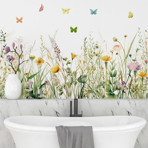 Verse Aquarel Veldblad Vlinder Muursticker Verwijderbare PVC Florale Gras Decal Voor Badkamer Woonkamer Huis Decoratie