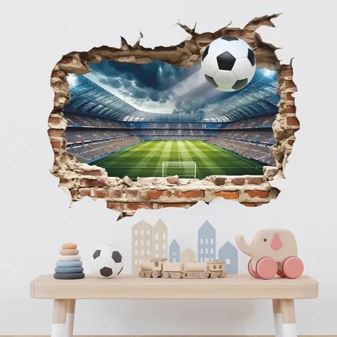 3D Visual Broken Wall Soccer Wall Sticker Removable PVC Football Pitch Mural For Boys Bedroom Living Room Home Decor Art