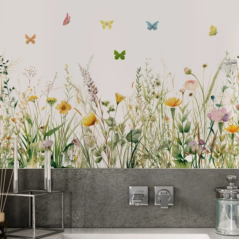 Verse Aquarel Veldblad Vlinder Muursticker Verwijderbare PVC Florale Gras Decal Voor Badkamer Woonkamer Huis Decoratie