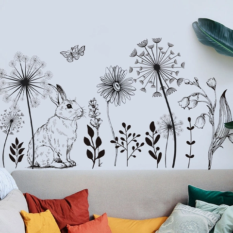 Adesivo da Parete Pasquale Con Coniglio Fiori Farfalla Schizzo Disegnato a Mano PVC Decalcomania Per Soggiorno Camera da Letto