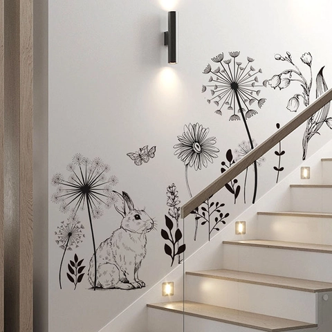 Adesivo da Parete Pasquale Con Coniglio Fiori Farfalla Schizzo Disegnato a Mano PVC Decalcomania Per Soggiorno Camera da Letto