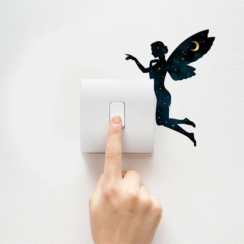 Adesivo da Parete Silhouette di Fata Cielo Stellato Luna Stelle Decorazione per Interruttore Luce Camera da Letto PVC Autoadesivo