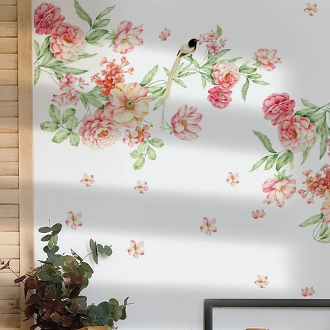 Watercolor Flower Bird Wall Sticker Removable PVC Botanical Decal Artistic Floral Mural For Living Room Bedroom Home Decor