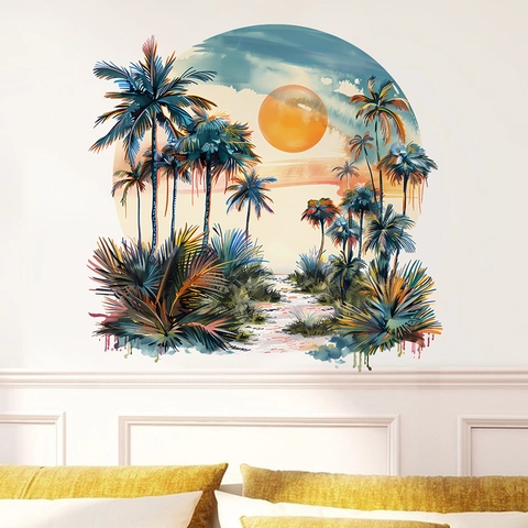 Tropical Palm Tree Sunset Wall Stickers PVC Waterproof Removable Art Mural For Living Room Bedroom Home Decor Watercolor Style