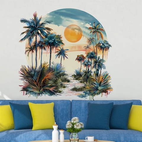 Tropical Palm Tree Sunset Wall Stickers PVC Waterproof Removable Art Mural For Living Room Bedroom Home Decor Watercolor Style