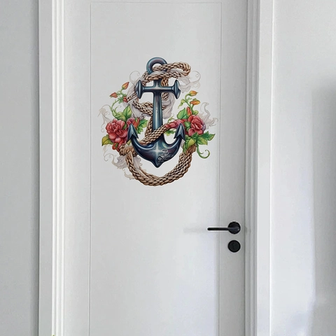 Nautical Anchor Rose Flower Wall Sticker Self Adhesive Waterproof PVC Door Decal For Living Room Bedroom Entrance Decor