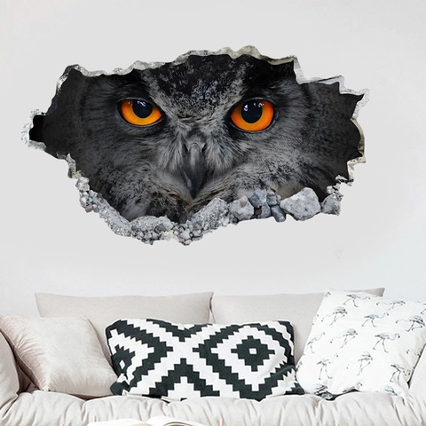 3D Realistisch Eule Wandtattoo Abnehmbare PVC Bruchwand Tier Auge Aufkleber Für Wohnzimmer Schlafzimmer Arbeitszimmer Haus Dekor