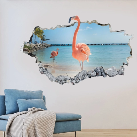 3D Flamingo Tropical Beach Wall Sticker Removable PVC Cracked Wall Effect Mural For Living Room Bedroom Home Wall Decor