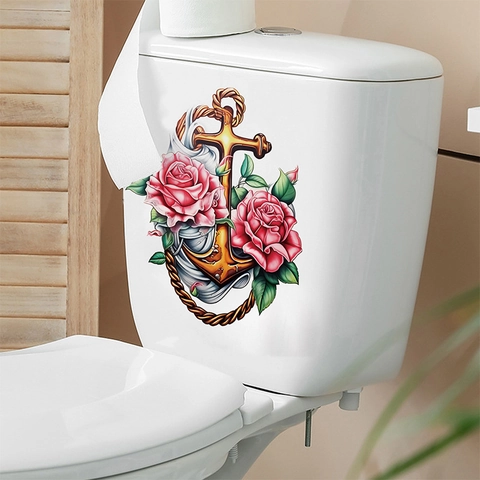 Vintage Anchor Rose Wall Sticker Waterproof PVC Toilet Lid Decal Nautical Flower Self Adhesive Mural For Bathroom Decor