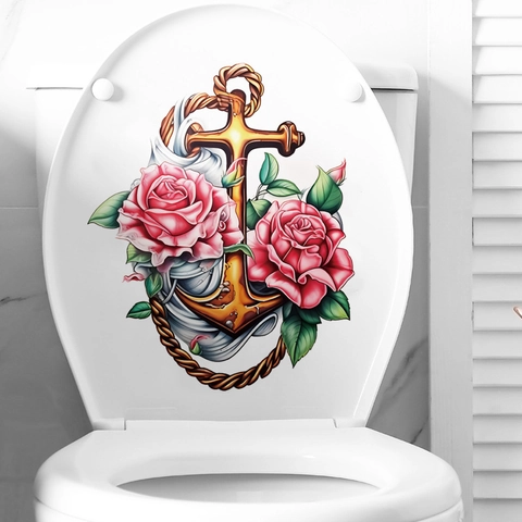 Vintage Anchor Rose Wall Sticker Waterproof PVC Toilet Lid Decal Nautical Flower Self Adhesive Mural For Bathroom Decor