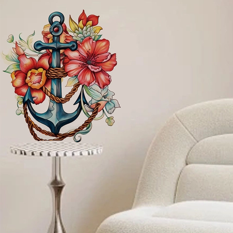 Adesivo da Parete Vintage Nautico Ancora Floreale in PVC Impermeabile Autoadesivo per Soggiorno Camera da Letto Porta Casa