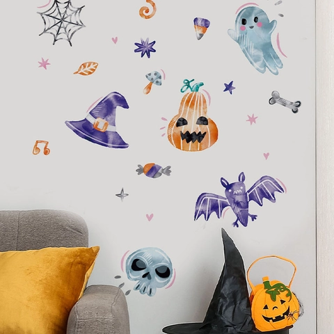 Aquarell Halloween Wandaufkleber Kürbis Gespenst Fledermaus Hexenhut Abnehmbar PVC Selbstklebend Deko Für Wohnzimmer Party