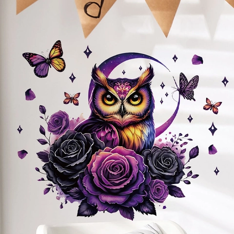 Halloween Gothic Wandtattoo PVC Abnehmbar Selbstklebend Aufkleber Totenkopf Eule Katze Rabe Mond Rose Haus Deko Wandkunst