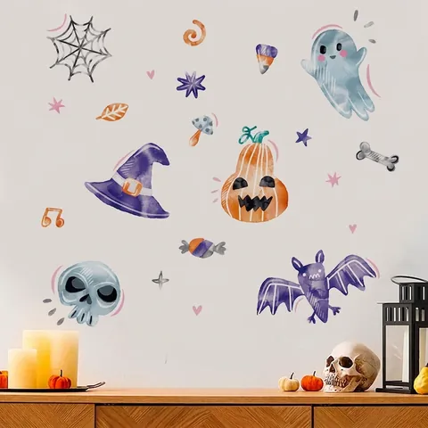 Aquarell Halloween Wandaufkleber Kürbis Gespenst Fledermaus Hexenhut Abnehmbar PVC Selbstklebend Deko Für Wohnzimmer Party