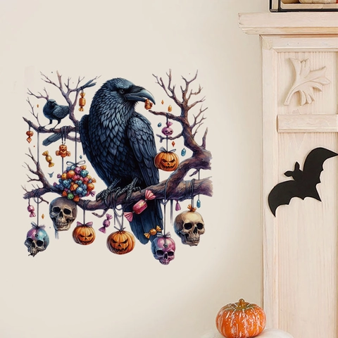 Halloween Crow Pumpkin Wall Stickers Removable PVC Self Adhesive Decal For Living Room Bedroom Holiday Party Decoration